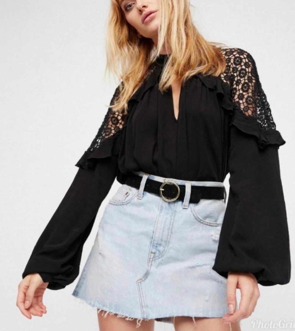 Free People Floral Western Country Black Emboridered Statement Blouse Size Small
